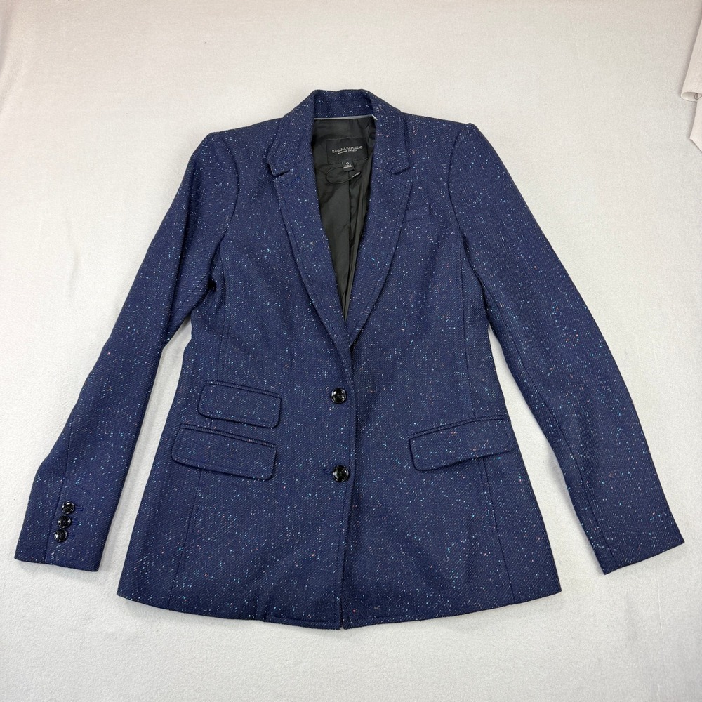 Banana Republic Hacking Jacket Sz 0 Navy Blue Confetti Tweed Wool Blend Blazer